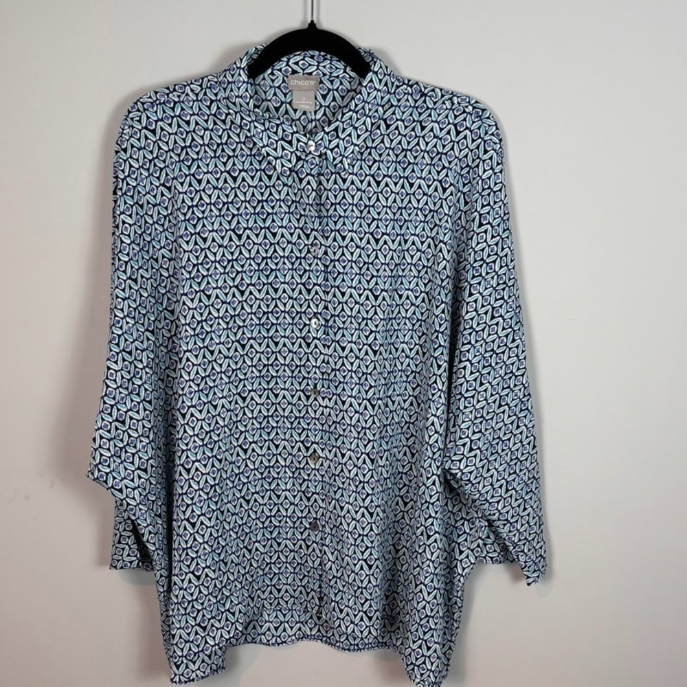 Chico's Geometric Print Dolman Sleeve Button Down Lightweight Blouse Womens 16